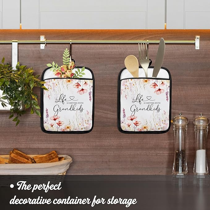Grandma Gifts from Grandkids Pot Holders with Pockets, Gifts for Grandma Grandmother Kitchen Accessories Sets, Life Better with Grandkids Heat Resistant Oven Glove Potholders for Kitchen