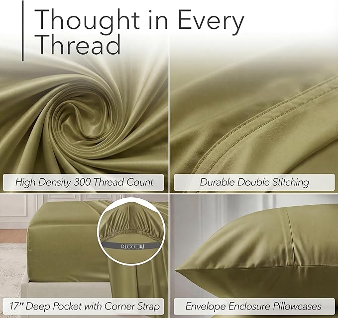 DECOLURE 100% Viscose Derived from Bamboo Sheets Full Size - Luxury 6 Pc Naturally Cooling Sheets, Ultra Soft Bed Set - Deep 17" Pockets, Durable Double Stitching, Oeko Tex Standard (Light Olive)