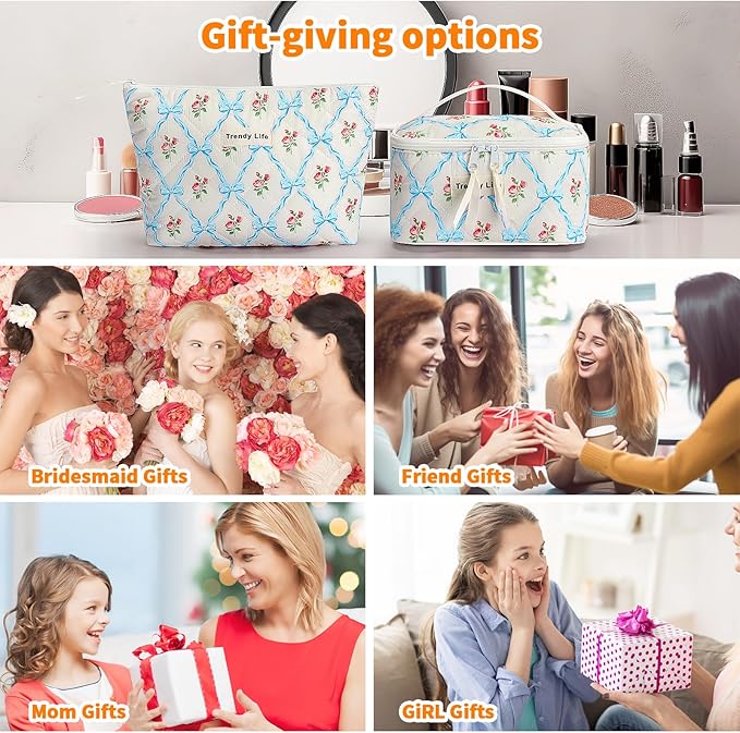 HAOGUAGUA 2 Pieces Makeup Bag, Small Large Quilted Cosmetic Bag, Travel Floral Make Up Toiletry Organizer Bag for Women Girls (2PCS STYLE B-3)