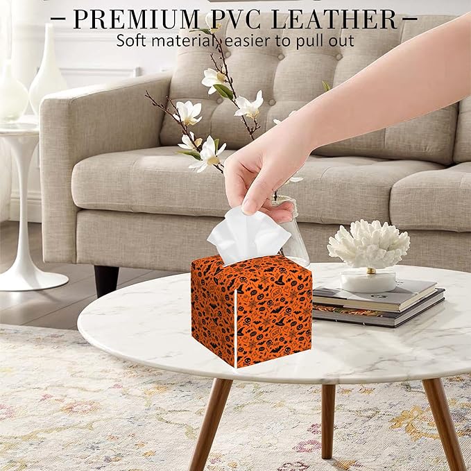 POIUBLE Halloween Pumpkins and Bats Tissue Box Cover Skulls Spiders Ghosts Leather Tissue Box Holder Square Facial Paper Organizer Dispenser for Bathroom Kitchen Bedroom Vanity Countertop Night Stands