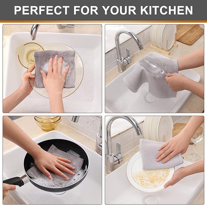 Kitinjoy 100% Cotton Kitchen Dish Cloths, 12 Pack Waffle Weave Ultra Soft Absorbent Dish Towels for Drying Dishes Quick Drying Kitchen Towels Dish Rags, 12 X 12Inch, Light Grey