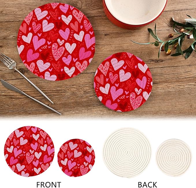 Red Pink Heart Trivet Mat 2PCS Valentine's Day Round Woven Potholders Kitchen Table Countertop Protector Hot Pads Farmhouse Coasters Counter Mats for Cooking Baking