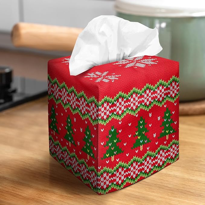 IRADA Tissue Box Cover Square Decorative Tissue Box Holder Cute Funny Cube Tissue Case Cover-Xmas Decor Red Tree Tissue Box Cover