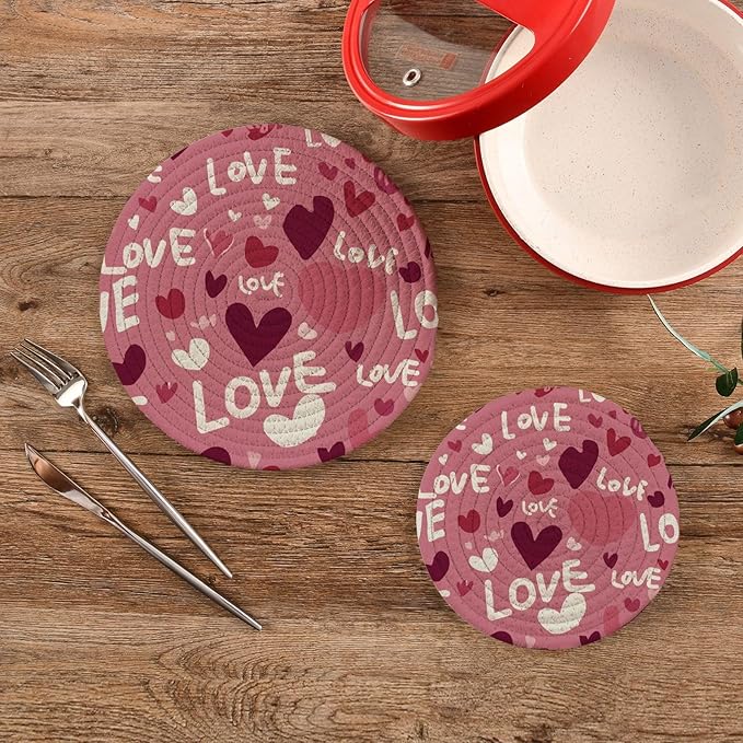 Valentine's Day Hearts Love Trivet Mat 2PCS Round Woven Potholders Kitchen Table Countertop Protector Hot Pads Farmhouse Coasters Counter Mats for Cooking Baking