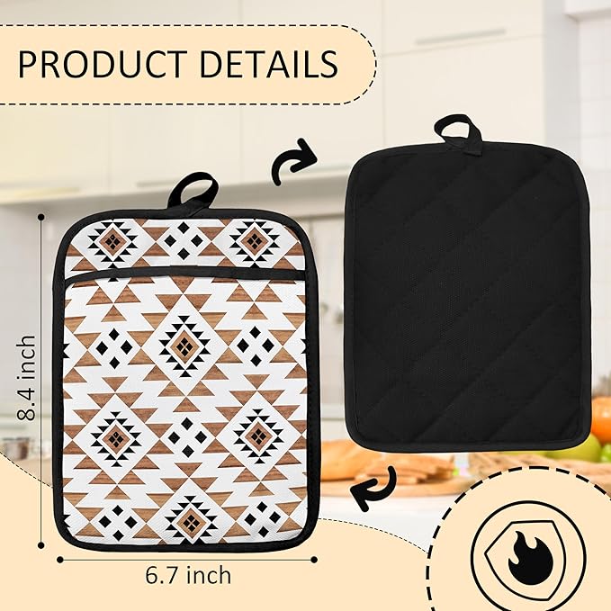 Boho Western Aztec Pot Holders 2 Pack Set, Western Kitchen Decor, Vintage Farmhouse Aztec Southwestern Heat Resistant Oven Hot Pads for Kitchen Countertop Baking Cooking，070 Potholder