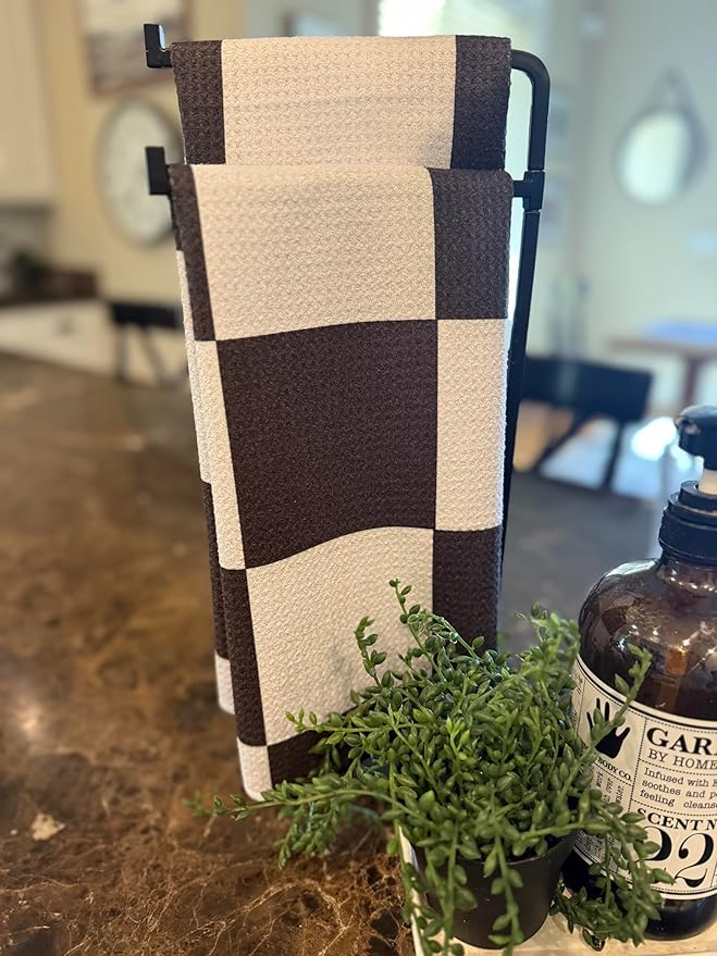 Desert Aqua || 2 Pack|| Double Sided Dish Towels || Waffle Weave Microfiber || Highly Absorbent || Hanging Loop || Dish Cloths || Modern || Designer Prints|| Black Checker