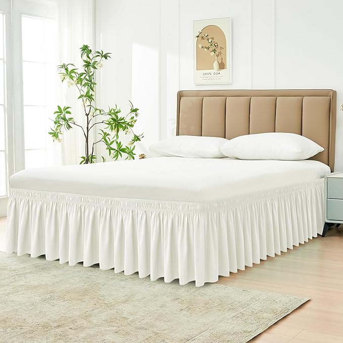 Biscaynebay Wrap Around Bed Skirts for Full & Full XL Beds Short Drop of 12", Ivory Adjustable Elastic Dust Ruffles Easy Fit Wrinkle Resistant Silky Luxurious Fabric Machine Washable