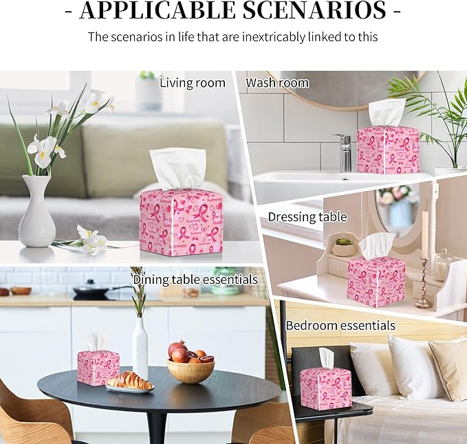 Breast Cancer Awareness Tissue Box Cover Square,Ribbons and Hearts Tissue Box Holder Waterproof Leather Facial Paper Organizer Dispenser for Bathroom Home Car Nightstand Vanity Desk
