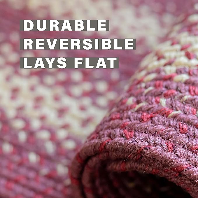 Homespice Autumn Maple Jute Braided Oval Rugs 27x45 - Burgundy and Tan Primitive Kitchen Rugs for Country Decor