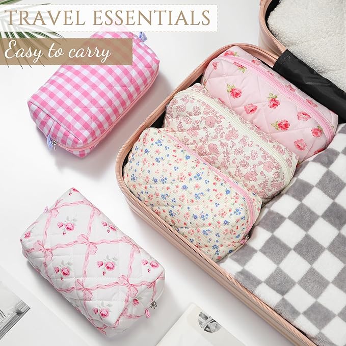 Paterr 10 Pcs Quilted Makeup Bag Bulk Cotton Floral Cosmetic Bag Women Girls Bridesmaid Gifts Cute Makeup Pouch Coquette Aesthetic Travel Toiletry Organizer(Pink Floral,7.87 x 4.72 x 3.15 Inches)