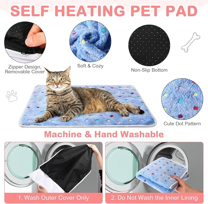 Clysee 4 Pack Self Heating Cat Bed Cat Self Warming Pad with Removable Cover Extra Warm Thermal Pet Pad Washable Pet Crate Mat Anti Slip Kennel for Indoor Outdoor Pets(Dot,16 x 20 Inches)