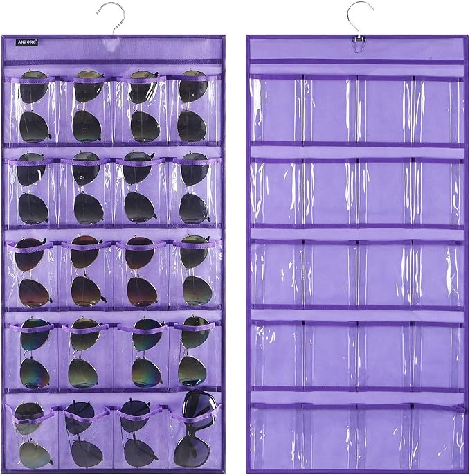 ANZORG Dual Sided Hanging Sunglasses Organizer Storage Wall Mounted Eyeglasses Holder Eyewear Display Case with 40 Clear Slots (40 Pockets-Purple)