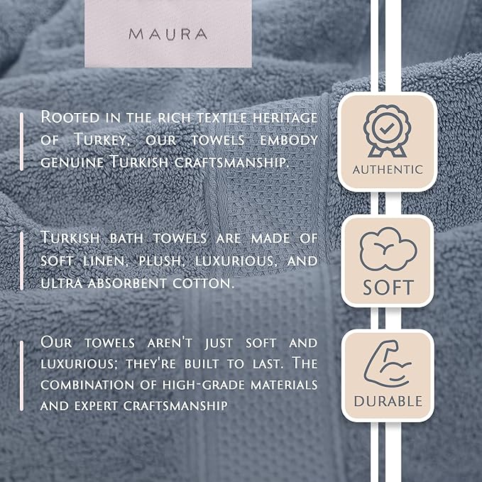 MAURA Light Blue Hand Towels for Bathroom. Luxury Turkish Cotton Bath Hand Towels Set of 6. Ultra-Soft, Thick & Plush - Serenity Blue