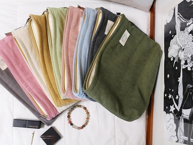 HAPPYHEIDI Navy Green Corduroy Makeup Bag Cosmetic Toiletry Travel Pouch, Make Up Accessory Purse Organizer, Canvas Lined