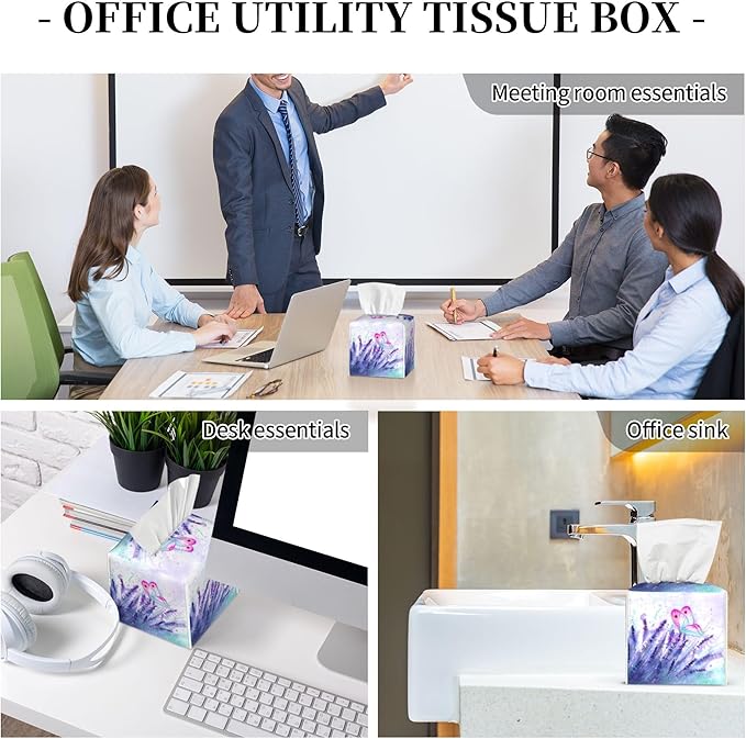 Purple Lavender and Butterfly Tissue Box Cover Square,Watercolor Lavender Flowers Tissue Box Holder Waterproof Leather Facial Paper Organizer Dispenser for Bathroom Home Car Nightstand Vanity Desk