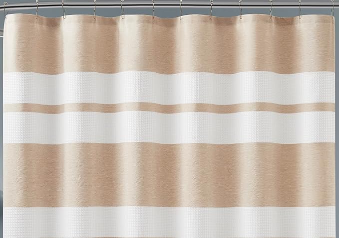 LinenZone 70" Wide x 72" Long Waffle Shower Curtain. Linen Shower Curtain with Adorable White Stripes for Modern or Hotel Decor. (Waffle 70 x 72 Linen)