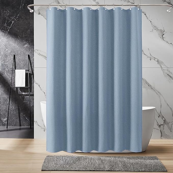 Inhousolu Fabric Shower Curtain Waffle Weave, Fog Blue 230 GSM Heavy Duty, Weighted Hem, 8 Metal Hooks, Water Repellent, Machine Washable, Hotel Spa Luxury Bath Curtain Set, 36 x 72 Inch