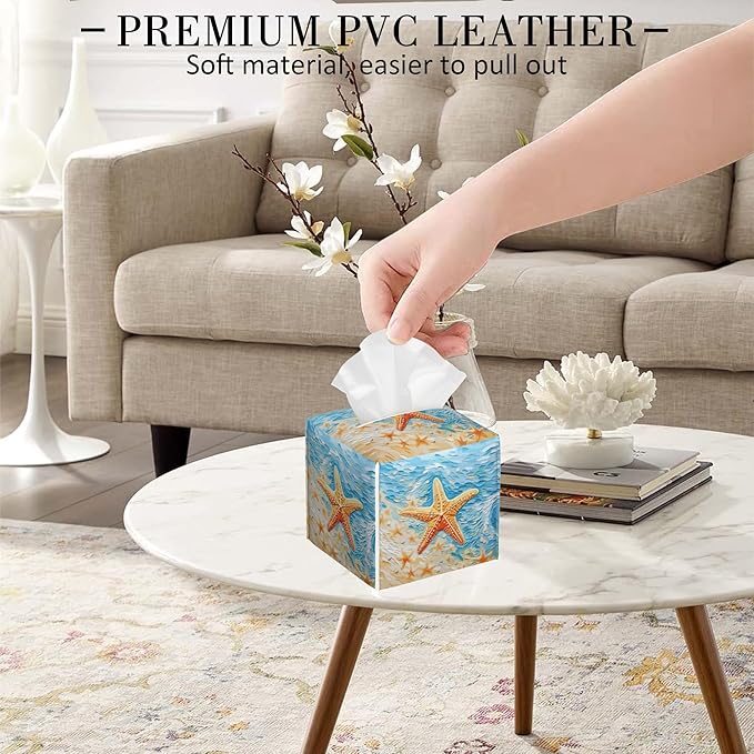 POIUBLE Tissue Box Holder Beach Starfish Tissue Box Cover Square Leather Tissue Holder Organizer Portable Decorative Facial Paper Case for Home Office Bathroom Vanity Countertop