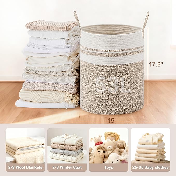 SunNewt Tall Laundry Basket with Handles, 53L Portable Dirty Clothes Hamper, Boho Cotton Rope Storage Bin for Blankets Kids Toys Gifts, Decorative Organizer for Nursery Bedroom Bathroom, New Brown