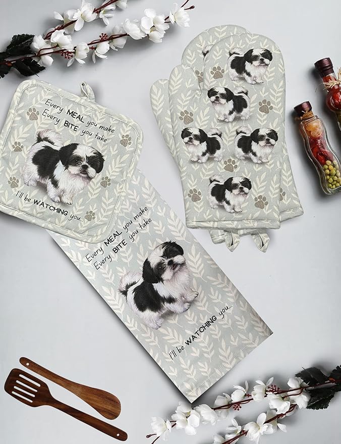 Shih Tzu 3-Piece Kitchen Set - Oven Mitt, Pot Holder & Kitchen Towel Set, Heat Resistant up to 420 F, Soft Quilted Cotton for Cooking, Baking, BBQ, Pet Lover Gifts (Shih Tzu Black)