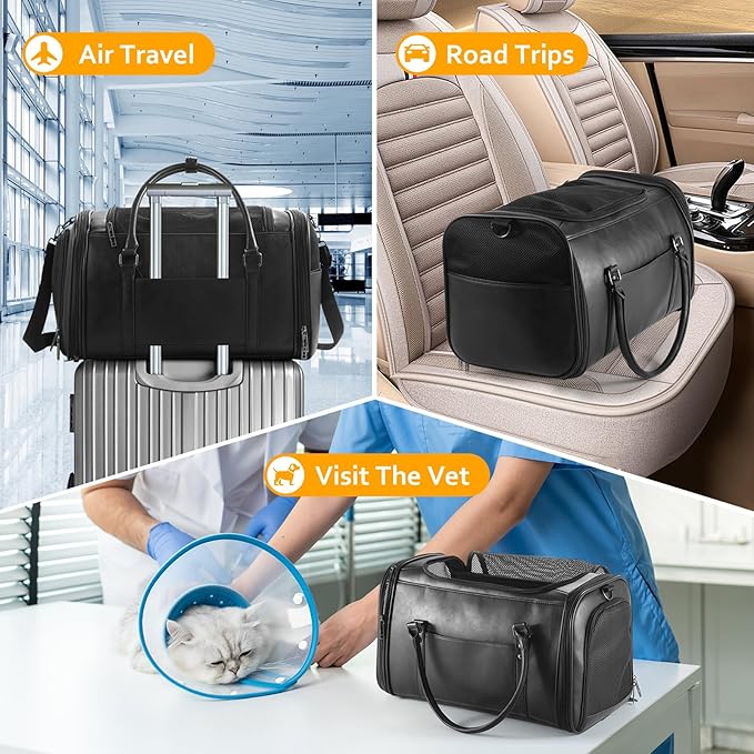 Johomviin Stylish Leather Pet Carrier for Small Dogs and Cats Up to 15 lbs, Airline Approved Lightweight Travel Tote with Breathable Mesh and Shoulder Strap Black