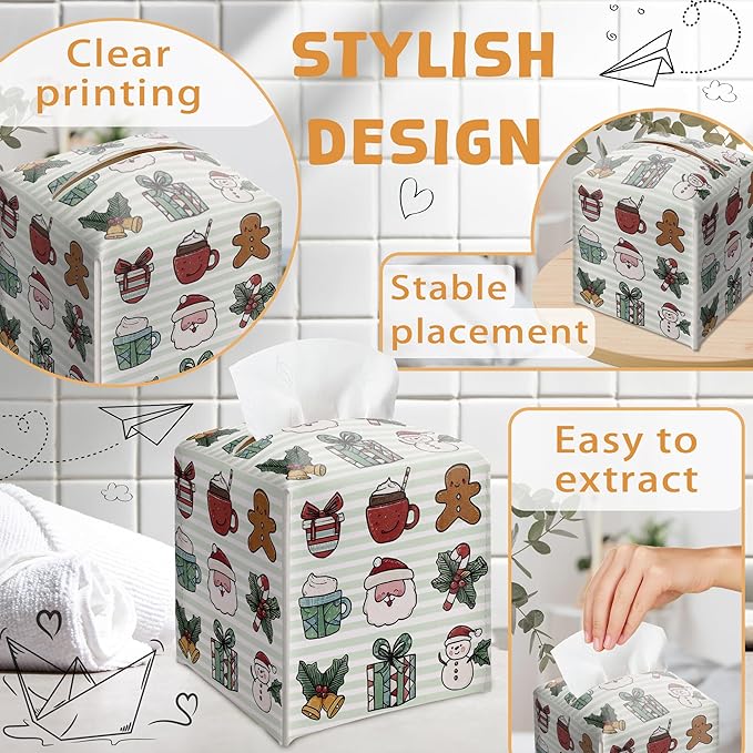 Merry Christmas Tissue Box Holder, Cute Santa Bow Leather Tissue Box Cover Square, Paper Facial Decorative Tissues Cover for Night Stands Bathroom Kitchen Office Home Decor-B30