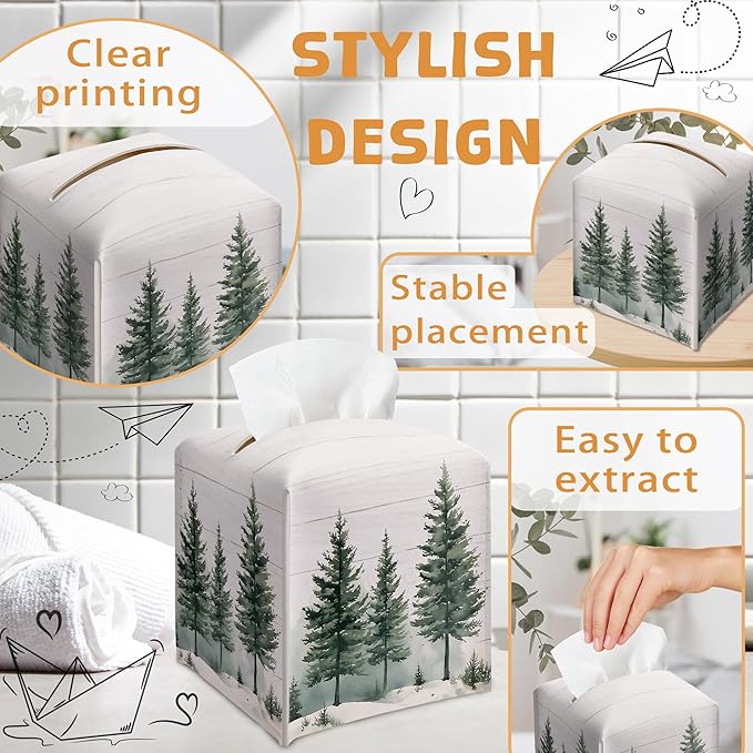 Winter Pine Tree Tissue Box Holder, Christmas Tree Leather Tissue Box Cover Square with Bottom Belt, Paper Facial Decorative Tissues Cover for Night Stands Bathroom Kitchen Office Home Decor-B21