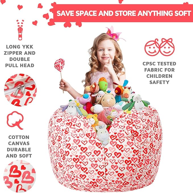WEKAPO Stuffed Animal Storage Bean Bag Chair Cover for Kids | Stuffable Zipper Beanbag for Organizing Children Plush Toys Large Premium Cotton Canvas (Heart, X-Large)