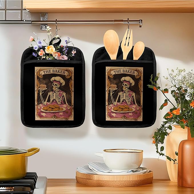 Funny Gothic Skeleton Baker Pot Holders for Kitchen, Gifts for Baking Lovers, Witchy Tarot Card Goth Skull Heat Resistant Hot Pads and Oven Mitts for Baking Cooking