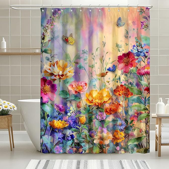 mutakin Wildflower Shower Curtain Colorful Flower Butterfly Shower Curtains for Bathroom Waterproof Fabric Bath Curtain Decor with Hooks