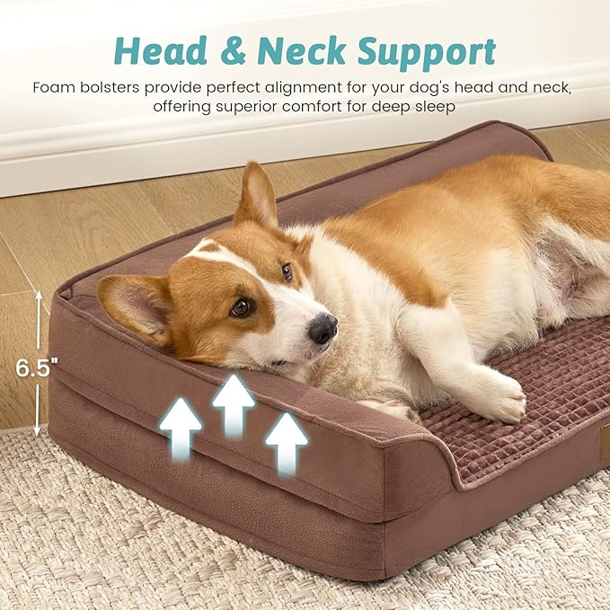 COZY KISS Orthopedic Dog Bed for Large Medium Size Dog, Dogs Crate Bed, L Shaped Foam Anti-Slip Bottom Pet Cat Sofa with Washable Removable Cover, Suitable for Pet Up to 75 lbs, 36x27x6.5 inch, Brown