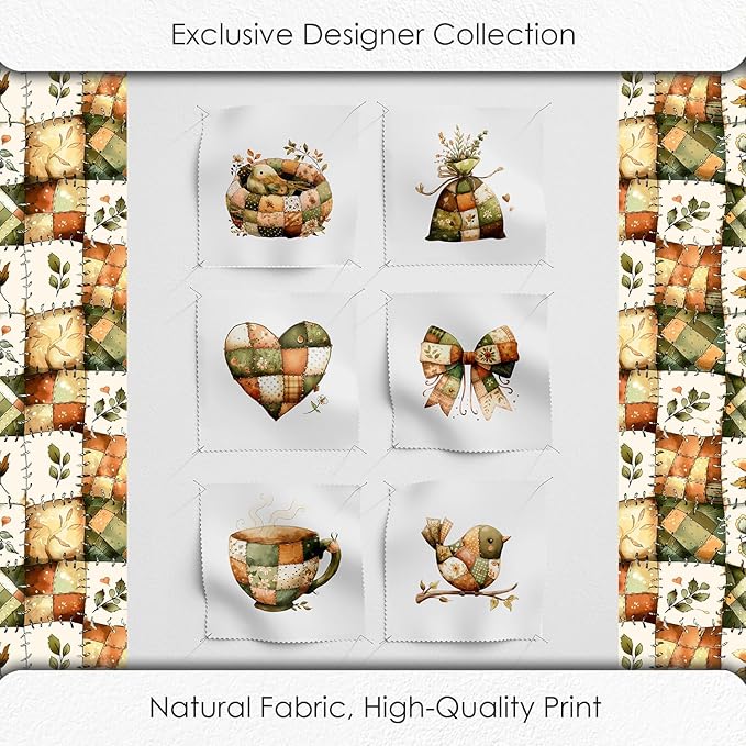 Rustic Patchwork Cotton Fabric Panel – 6 Designs (10"×10" inch Each) + Bonus Patchwork Sheet 29.5"×19.6" inch, 100% Cotton 140 GSM