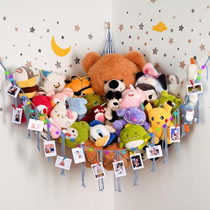 Large Size Stuffed Animal Hammock Corner with LED Light, Cotton Rope Corner Net for Stuffed Animals Storage,Toy Hammock for Stuffed Animals Organizer, Baby Nursery Bedroom Decor(XL-Blue)