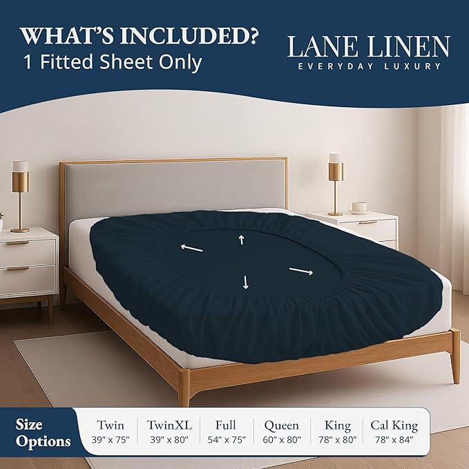 Lane Linen 100% Egyptian Cotton Twin Size Fitted Sheet Only (39"x75" + 15") - Elegant Sateen Weave, Ultra Soft, Breathable, Highly Durable, Deep Pockets Upto 17" - Dark Denim