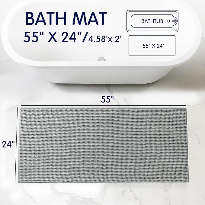 SUBRTEX Bathroom Rugs, 24" x 55" Chenille Bath Rug Soft Short Plush Bath Mat Soft Shower Mat Water Absorbent Shower Mat Quick Dry Machine Washable, Light Gray