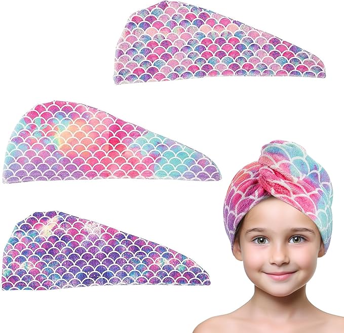 MADHOLLY Microfiber Hair Towel for Kids Gifts - Soft Super Absorbent Rapid Drying Hair Towel Wrap Turban for Girls Women with Button, Anti-Frizz for Thicker Curly Long Hair, 3Pack