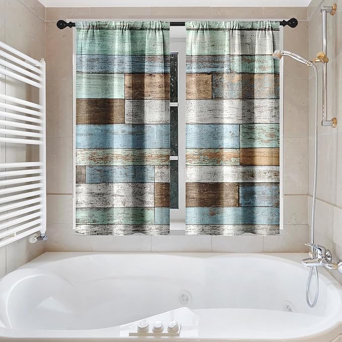Culudea Wood Rustic Vintage Blue Brown Waffle Textured Cloth Shower Curtain Set, Farmhouse Retro Bathroom Window Waterproof Shower Curtains for Bathroom Decor
