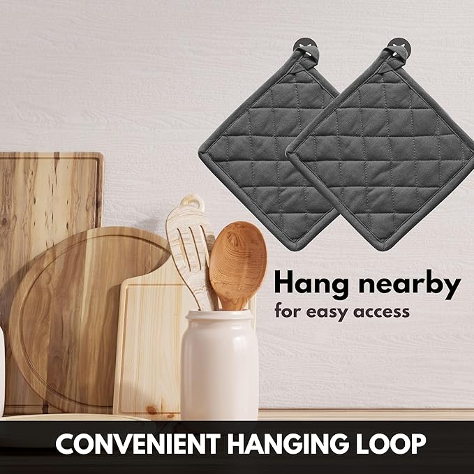 Oven Mitts + Pot Holders 100% Cotton Heat Resistant Oven Gloves (7"x13") & Hot Pads (8"x8") for Gifts Cooking BBQ Baking Grilling - Grey