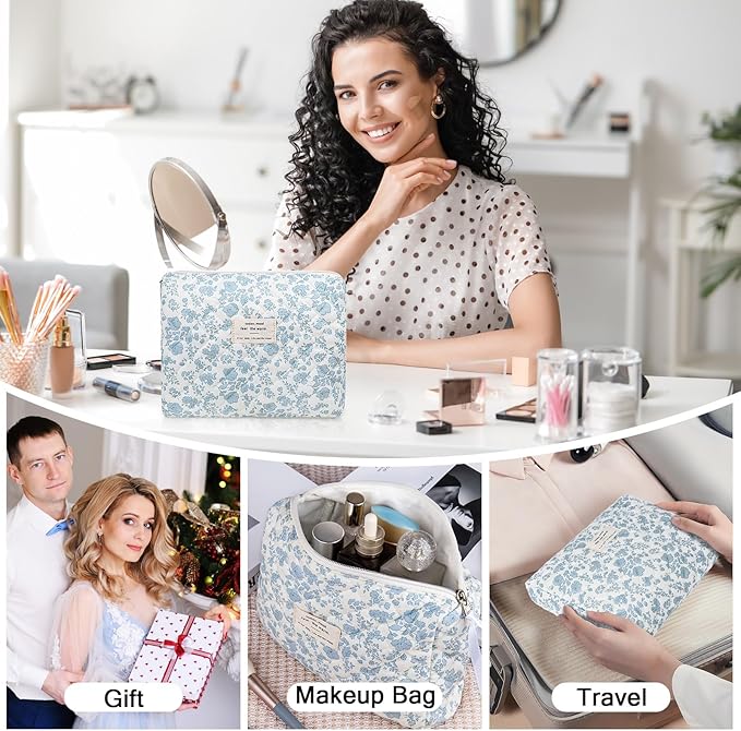 Floral Makeup Bag, Large Cosmetic Bag for Women Girls, Cute Cotton Make up Pouch, Quilted Makeup Bags, Flower Travel Toiletry Organizer Bag(Blue Floral)