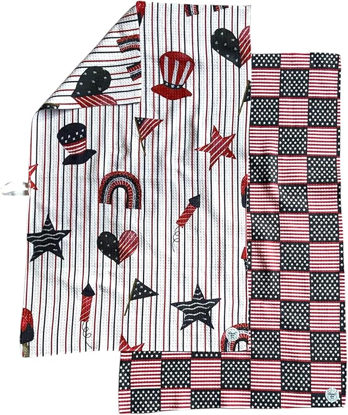 Desert Aqua 2 Pack|| Double Sided || Not Your Ordinary Kitchen Towels || Dish Towels || Quick Dry || Waffle Weave Microfiber || Designer Prints || Highly Absorbent || Hanging Hook (4th of July Navy)