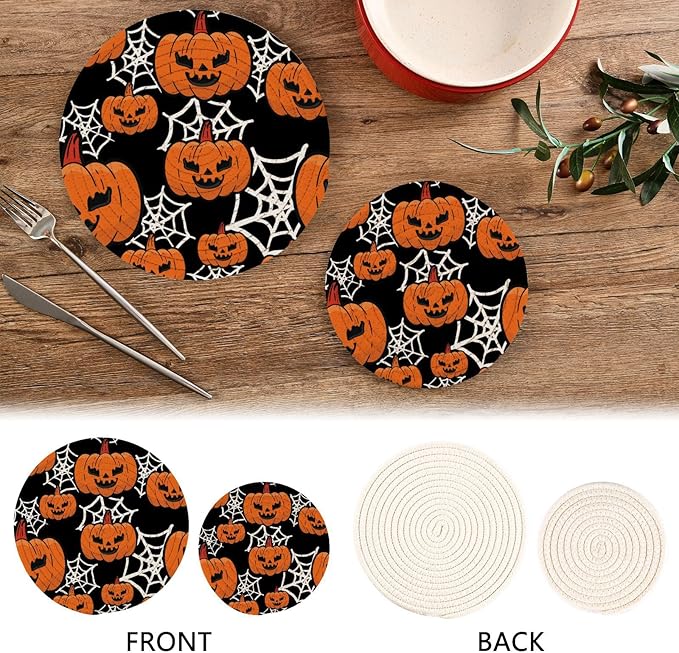Boccsty Halloween Spider Web Pumpkins Trivet Mat 2PCS Trick Or Treat Round Woven Potholders Kitchen Table Countertop Protector Hot Pads Farmhouse Coasters Counter Mats for Cooking Baking