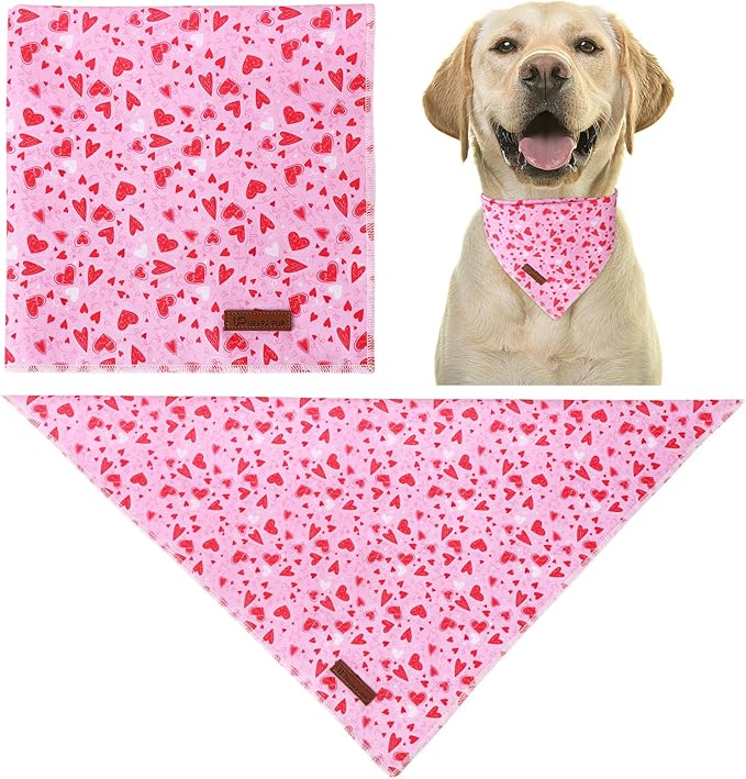 UP URARA PUP Valentine Dog Bandana - Pink Heart Triangle Bib Scarf for Small Medium Pets, Cotton Kerchief for Girl Boy Dogs or Cats, Red Puppy Bandana