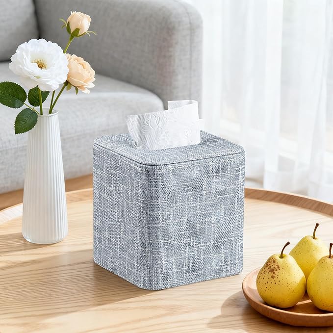 Cretkhp Square Tissue Box Cover with Magnetic Closure, Modern PU Leather Tissue Box Holder for Bathroom Vanity Countertop Night Stands Bedroom Office Desk, Stylish Cube Tissue Holder (Blue)