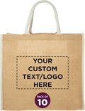 DISCOUNT PROMOS Custom Fresno Eco Friendly Jute Tote Bags Set of 10, Personalized Bulk Pack - Reusable, Great for Tradeshows, Grocery, Shopping and Outdoor Events - Light Beige