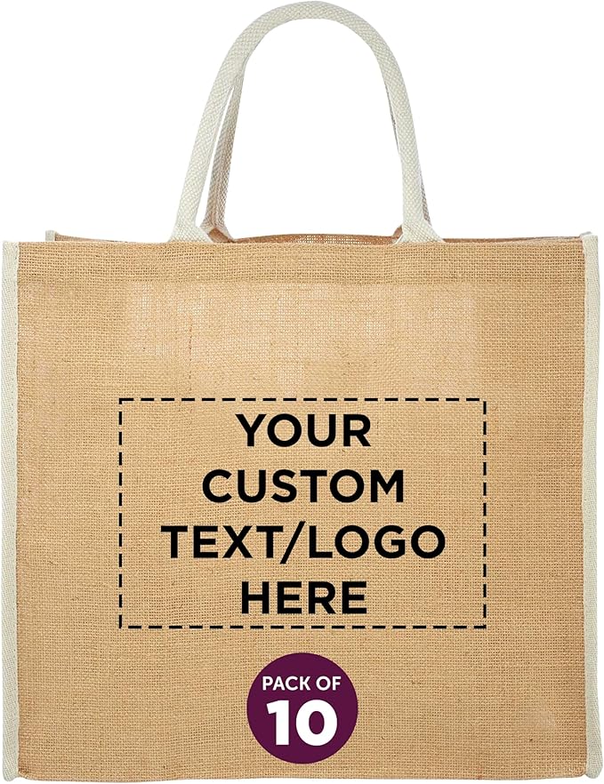 DISCOUNT PROMOS Custom Fresno Eco Friendly Jute Tote Bags Set of 10, Personalized Bulk Pack - Reusable, Great for Tradeshows, Grocery, Shopping and Outdoor Events - Light Beige