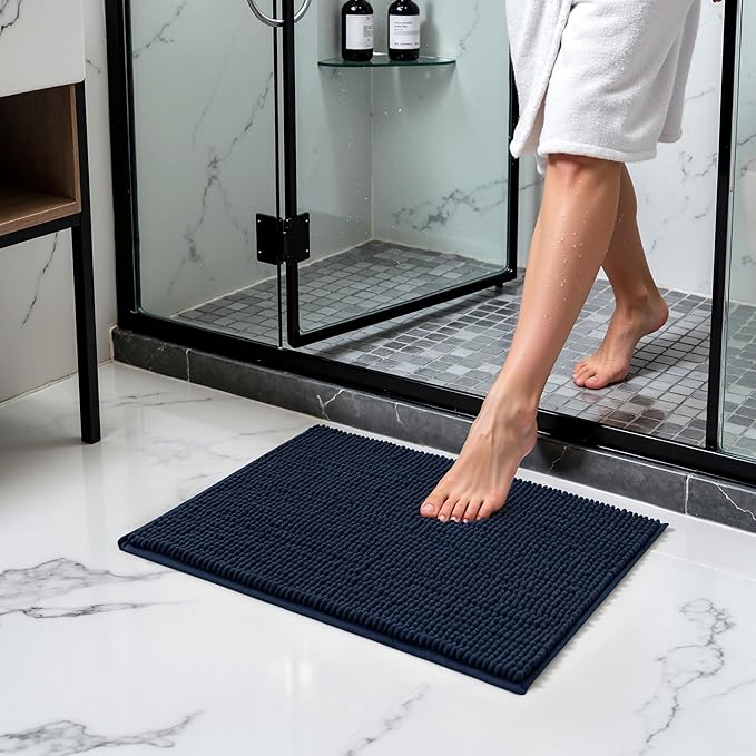 SUBRTEX Bathroom Rugs Chenille Bath Rug Soft Short Plush Bath Mat Soft Shower Mat Water Absorbent Shower Mat Quick Dry Machine Washable(Navy,16" x 24")