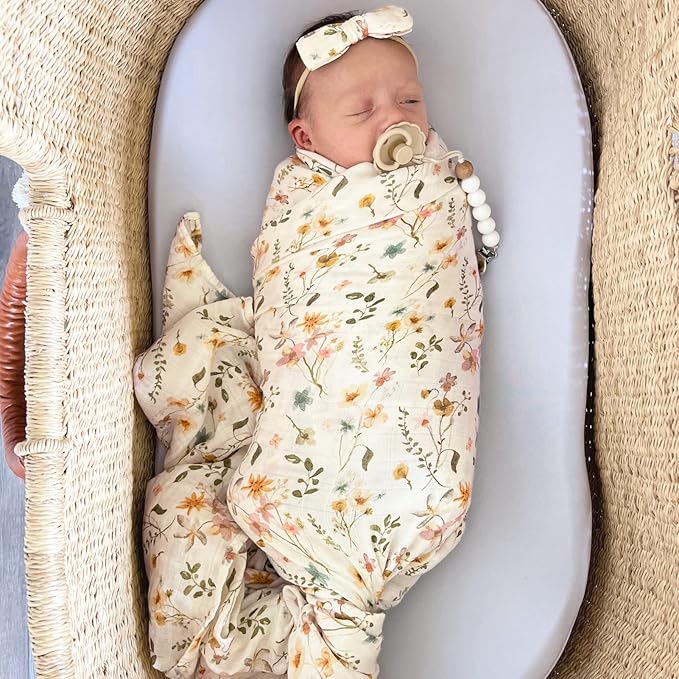 LifeTree Baby Muslin Swaddle Blankets for Boys & Girls, Newborn Swaddle Set with Matching Headband Bow, Infant Blanket Wrap, 47 x 47 inches, Floral Motif, 70% Viscose Bamboo and 30% Cotton