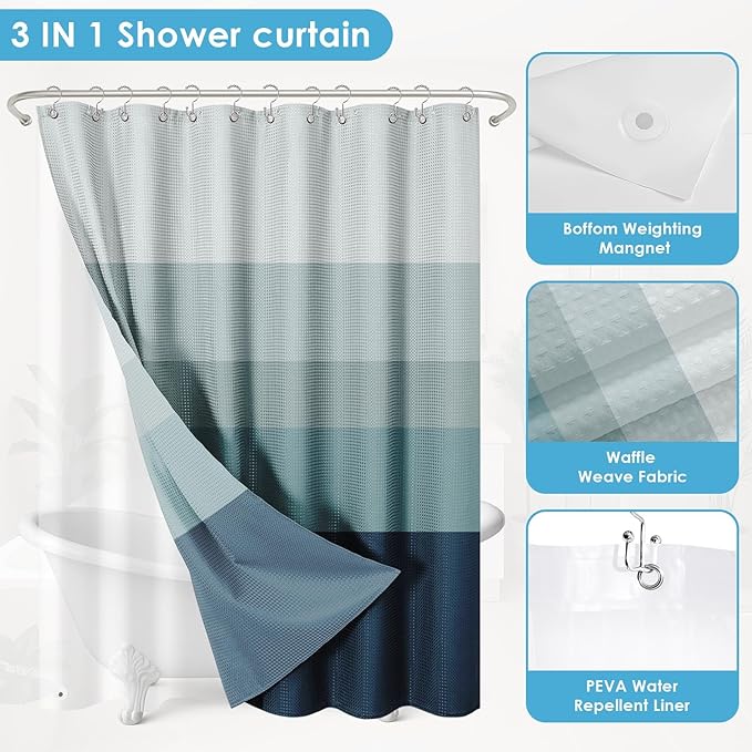 Nesphy Shower Curtain and Liner, Navy and Blue Ombre Striped 3 in 1 Shower Curtain and PEVA Liner Set with 12 Rust-Resistant Metal Hooks, Waterproof Fabric Shower Curtains for Bathroom, 72 W x 72 H
