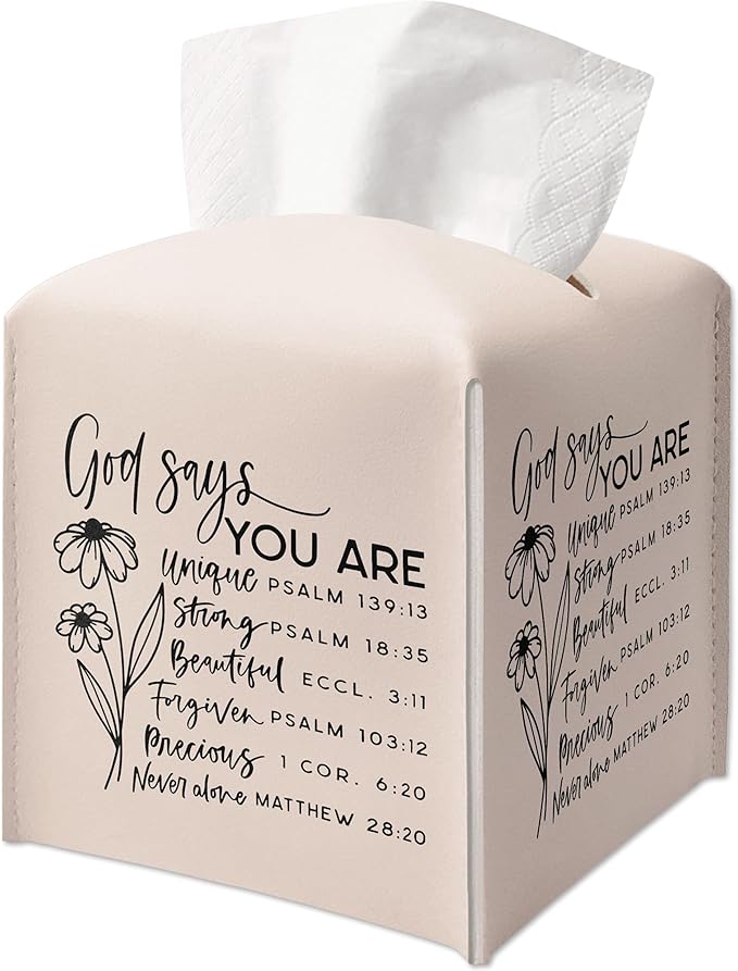 Christian Decorative Tissue Box Cover Square, Facial Paper Organizer, Inspirational Quote Gift Ideas for Friends, God Says You are Unique, Desk Decor for Bathroom Office-(5.2 Inches)
