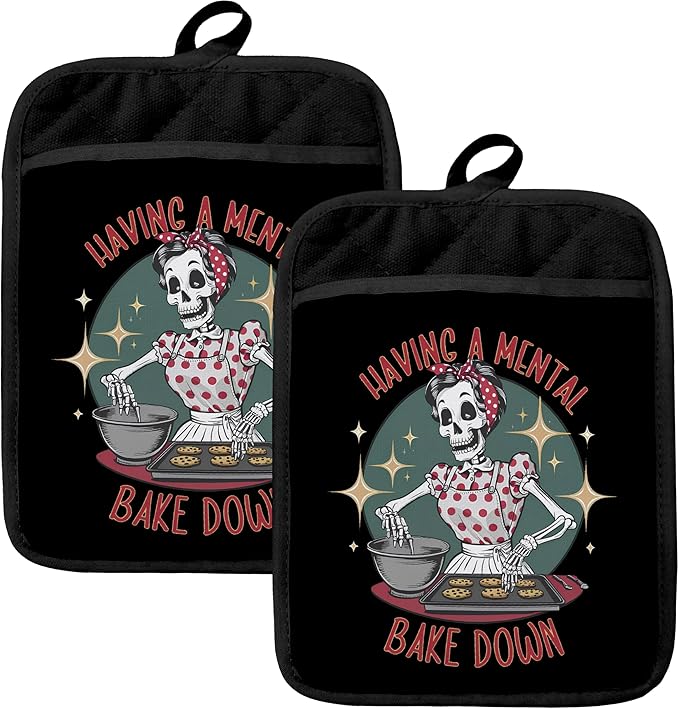 Gothic Halloween Skeleton Baker Pot Holders for Kitchen, Gifts for Baking Lovers, Trendy Funny Goth Skull Heat Resistant Hot Pads and Oven Mitts for Baking Cooking